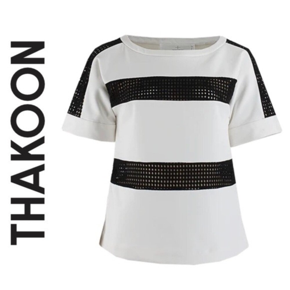 THAKOON ADDITION Boxy Eyelet Mesh Crochet Color Block Stripe Tee Shirt Top